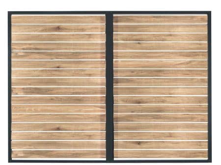 Sichtschutz mit Aluminiumlattung (Rhombus) in Optik Holzdekor. Die Aluminiumlatten werden mit einem speziellen Verfahren in Dekoroptik pulverbeschichtet. Holzoptik ohne Pflegeaufwand